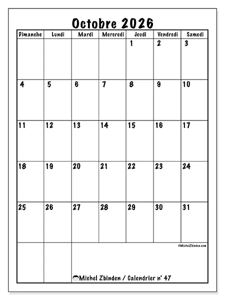 Calendrier octobre 2026 à imprimer - Planning efficace - Semaine : dimanche à samedi