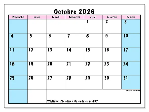Calendrier octobre 2026 à imprimer - Horaire d’équipe - Semaine : dimanche à samedi