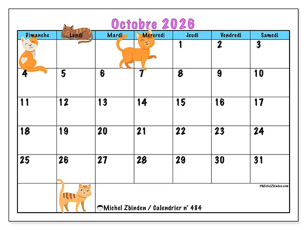 Calendrier octobre 2026 à imprimer - Amour des chats - Semaine : dimanche à samedi