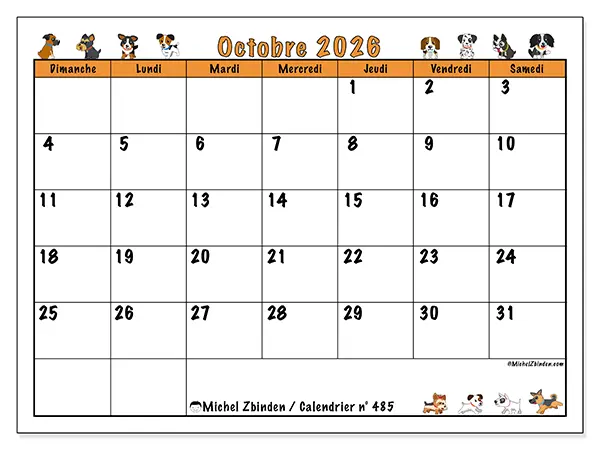 Calendrier octobre 2026 à imprimer - Chiens enthousiastes - Semaine : dimanche à samedi