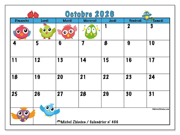 Calendrier octobre 2026 à imprimer - Oiseaux amusants - Semaine : dimanche à samedi