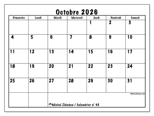 Calendrier octobre 2026 à imprimer - Efficacité quotidienne - Semaine : dimanche à samedi