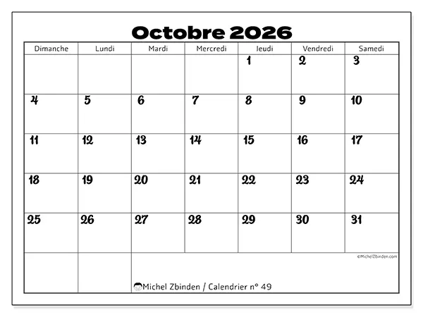 Calendrier octobre 2026 à imprimer - Coordination productive - Semaine : dimanche à samedi
