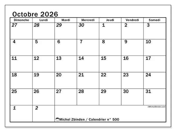 Calendrier octobre 2026 à imprimer - Planning intensif - Semaine : dimanche à samedi