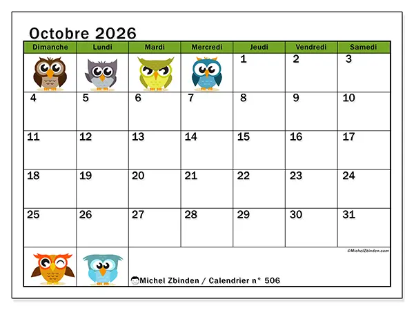 Calendrier octobre 2026 à imprimer - Hiboux amusants - Semaine : dimanche à samedi