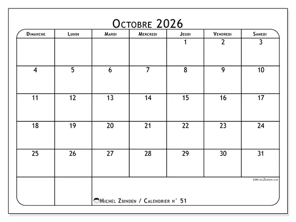 Calendrier octobre 2026 à imprimer - Programme des repas - Semaine : dimanche à samedi