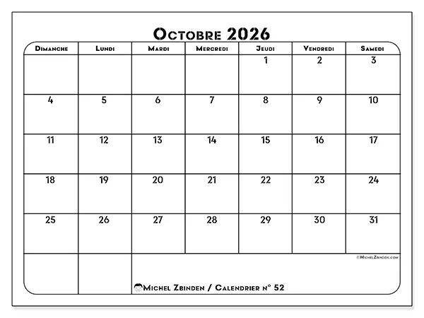 Calendrier octobre 2026 à imprimer - Organisation professionnelle - Semaine : dimanche à samedi