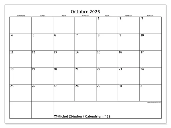 Calendrier octobre 2026 à imprimer - Horaire efficace - Semaine : dimanche à samedi