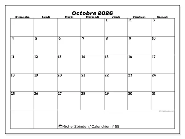 Calendrier octobre 2026 à imprimer - Organisation des loisirs - Semaine : dimanche à samedi
