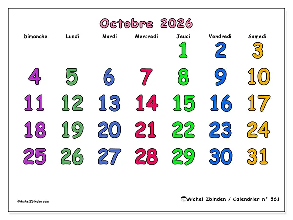Calendrier octobre 2026 à imprimer - Moments créatifs - Semaine : dimanche à samedi