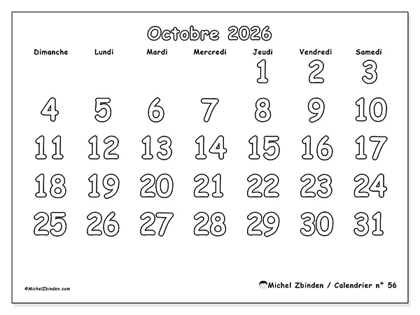 Calendrier octobre 2026 à imprimer - Coloriage utile - Semaine : dimanche à samedi