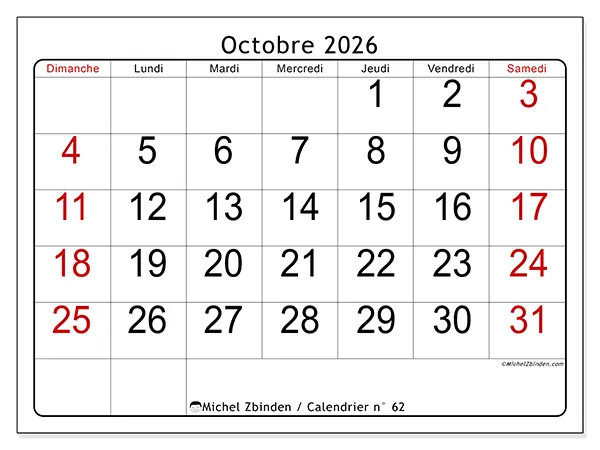 Calendrier octobre 2026 à imprimer - Lecture rapide - Semaine : dimanche à samedi