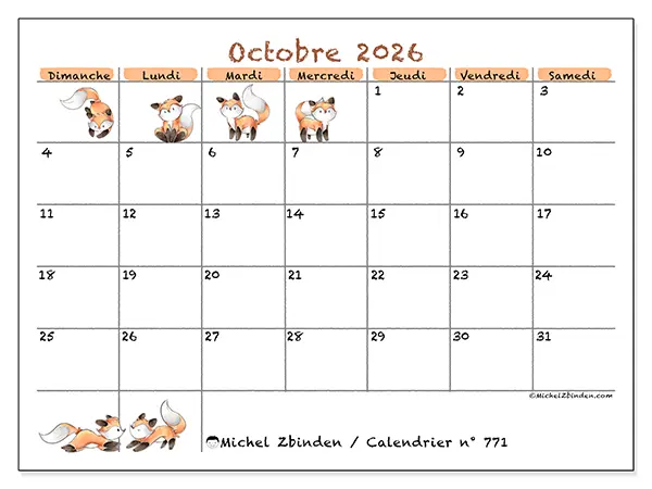 Calendrier octobre 2026 à imprimer - Dessins de renards - Semaine : dimanche à samedi
