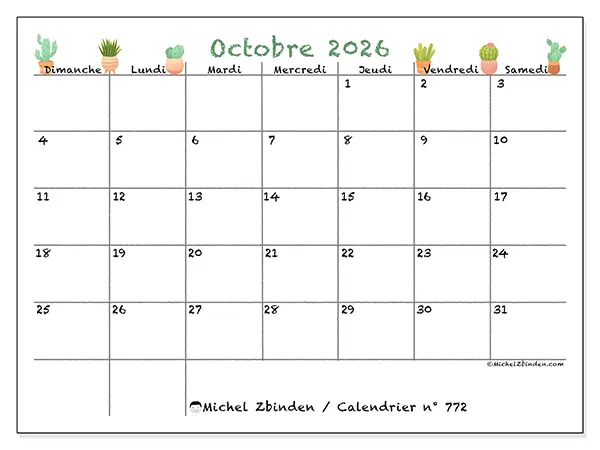 Calendrier octobre 2026 à imprimer - Cactus décoratifs - Semaine : dimanche à samedi