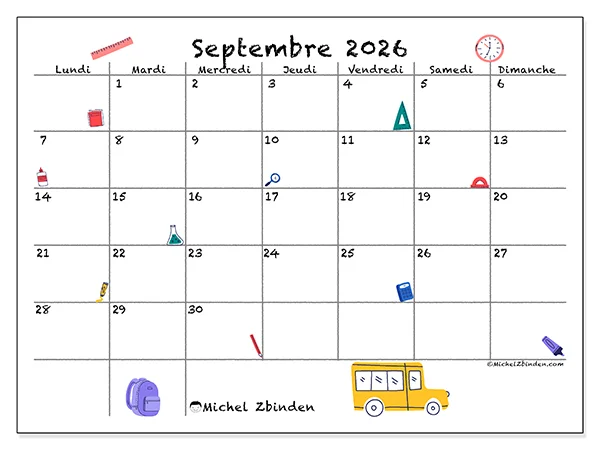 Calendrier septembre 2026 à imprimer - Rentrée scolaire