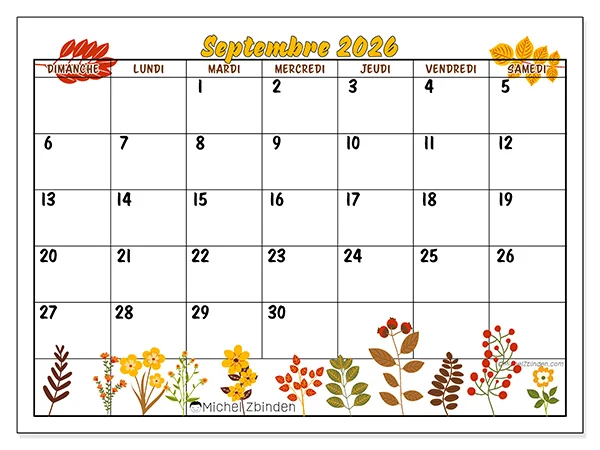 Calendrier septembre 2026 à imprimer - Couleurs d’automne - Semaine : dimanche à samedi