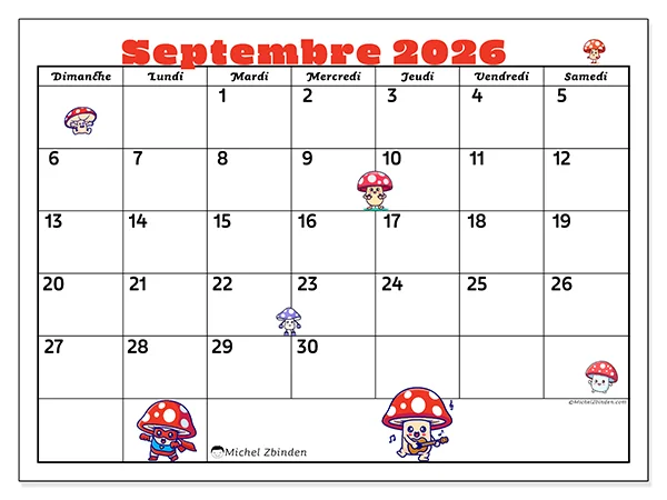 Calendrier septembre 2026 à imprimer - Champignons de septembre - Semaine : dimanche à samedi