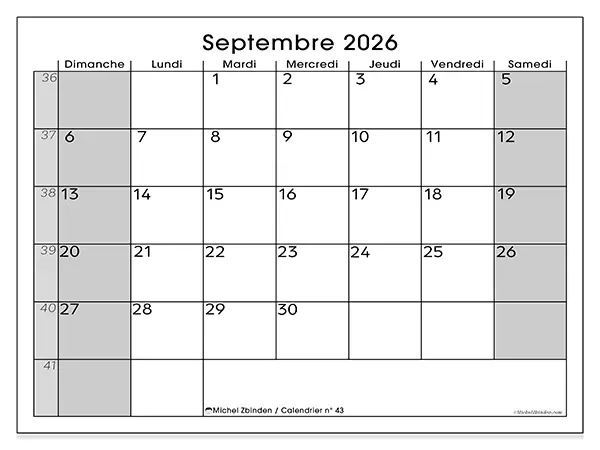 Calendrier septembre 2026 à imprimer - Organisation parfaite - Semaine : dimanche à samedi