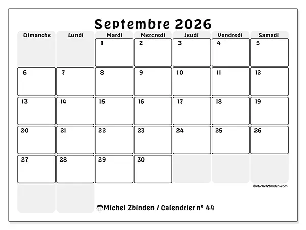 Calendrier septembre 2026 à imprimer - Planning structuré - Semaine : dimanche à samedi