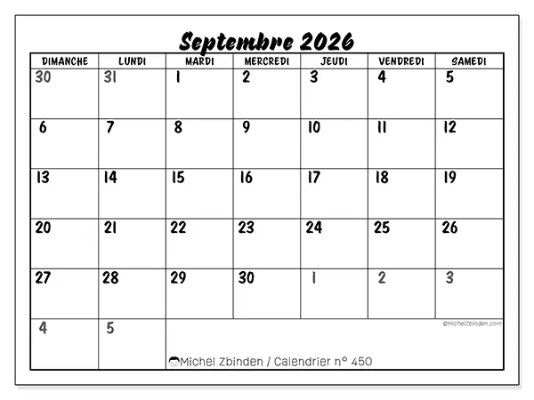 Calendrier septembre 2026 à imprimer - Organisation détaillée - Semaine : dimanche à samedi