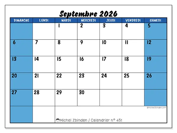 Calendrier septembre 2026 à imprimer - Organisation dynamique - Semaine : dimanche à samedi