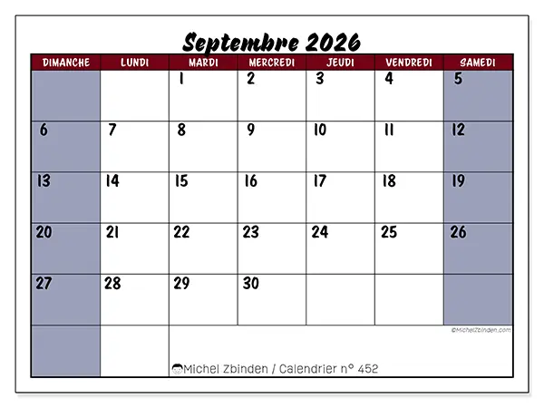 Calendrier septembre 2026 à imprimer - Productivité en couleur - Semaine : dimanche à samedi