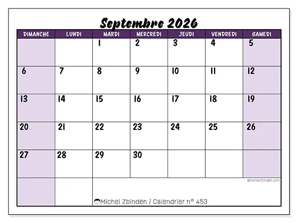 Calendrier septembre 2026 à imprimer - Efficacité colorée - Semaine : dimanche à samedi