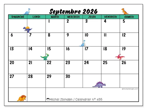 Calendrier septembre 2026 à imprimer - Petits dinosaures - Semaine : dimanche à samedi