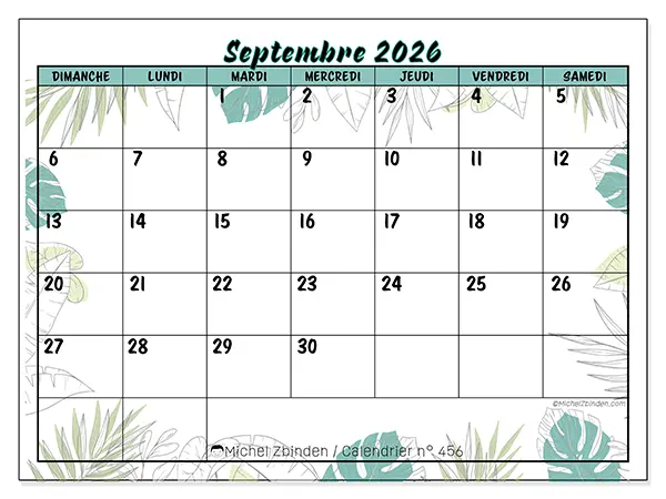 Calendrier septembre 2026 à imprimer - Nature et jardin - Semaine : dimanche à samedi