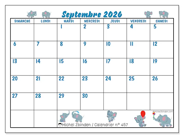 Calendrier septembre 2026 à imprimer - Petits éléphants - Semaine : dimanche à samedi