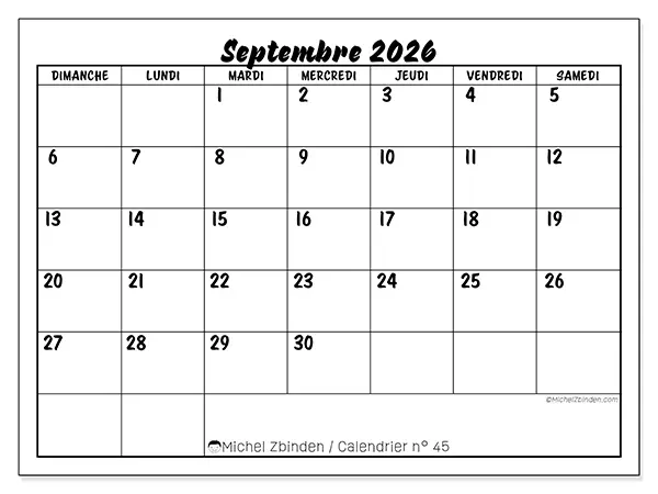 Calendrier septembre 2026 à imprimer - Réussite scolaire - Semaine : dimanche à samedi