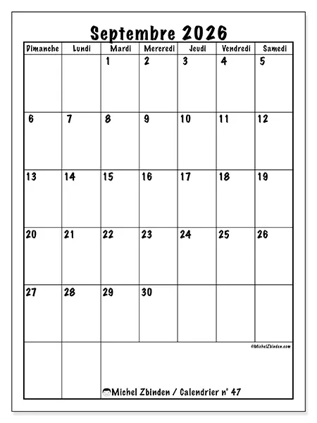 Calendrier septembre 2026 à imprimer - Planning efficace - Semaine : dimanche à samedi