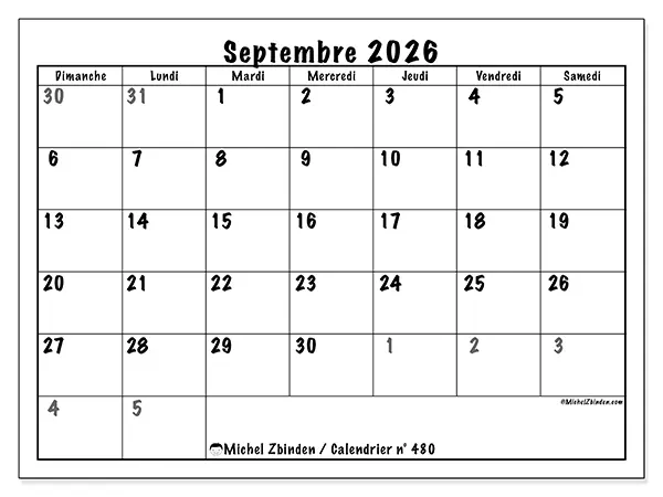 Calendrier septembre 2026 à imprimer - Planification complète - Semaine : dimanche à samedi