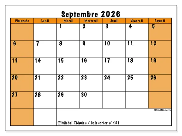 Calendrier septembre 2026 à imprimer - Planning dynamique - Semaine : dimanche à samedi