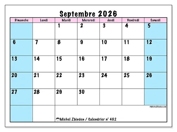 Calendrier septembre 2026 à imprimer - Horaire d’équipe - Semaine : dimanche à samedi