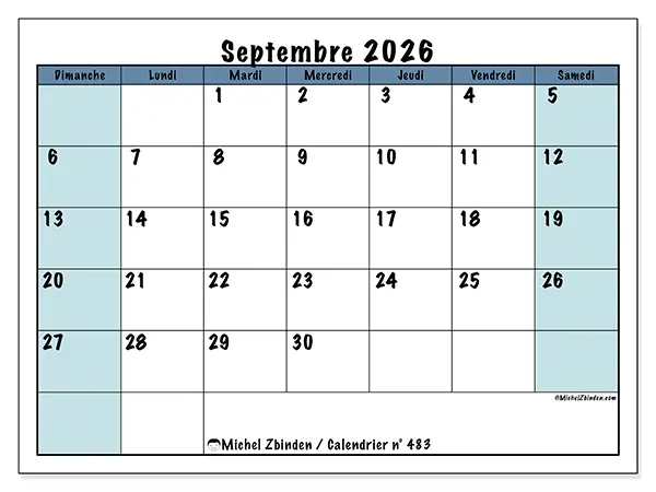 Calendrier septembre 2026 à imprimer - Structuré pour l’école - Semaine : dimanche à samedi