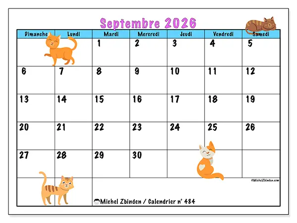 Calendrier septembre 2026 à imprimer - Amour des chats - Semaine : dimanche à samedi