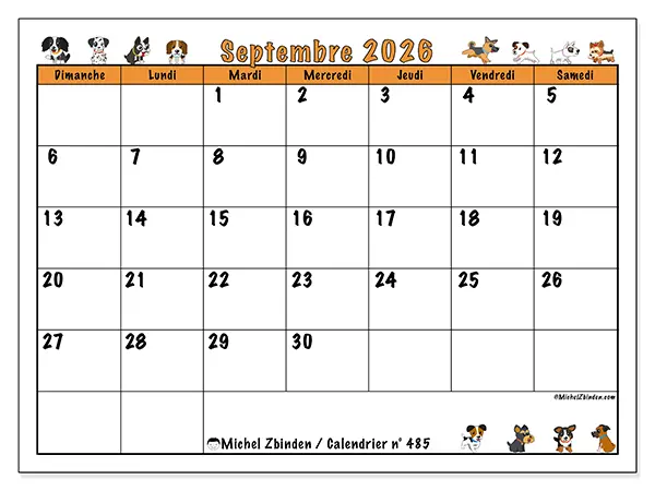 Calendrier septembre 2026 à imprimer - Chiens enthousiastes - Semaine : dimanche à samedi