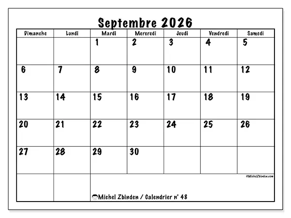Calendrier septembre 2026 à imprimer - Efficacité quotidienne - Semaine : dimanche à samedi