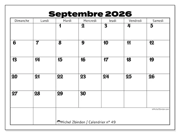 Calendrier septembre 2026 à imprimer - Coordination productive - Semaine : dimanche à samedi
