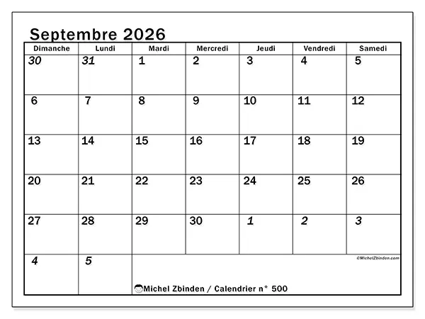 Calendrier septembre 2026 à imprimer - Planning intensif - Semaine : dimanche à samedi