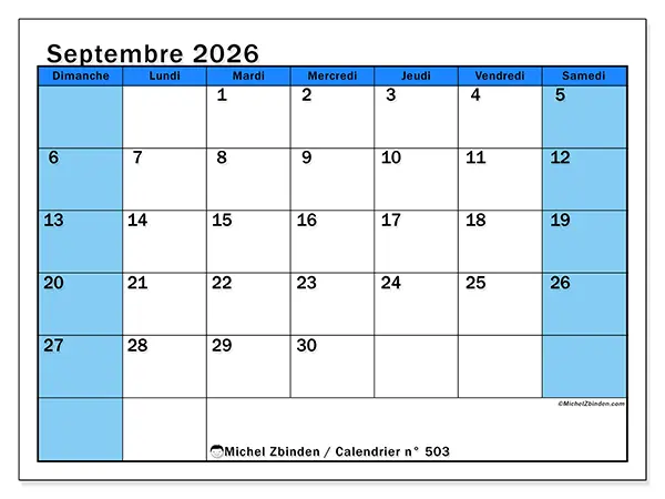 Calendrier septembre 2026 à imprimer - Études dynamiques - Semaine : dimanche à samedi