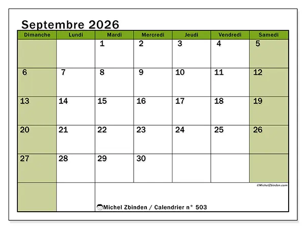 Calendrier septembre 2026 à imprimer - Organisation vivante - Semaine : dimanche à samedi