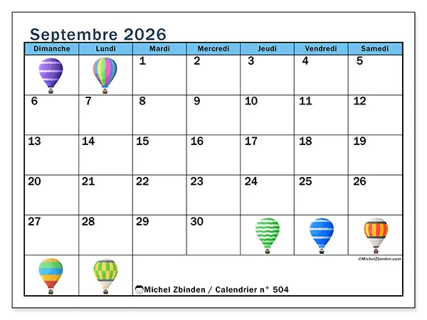 Calendrier septembre 2026 à imprimer - Montgolfières - Semaine : dimanche à samedi
