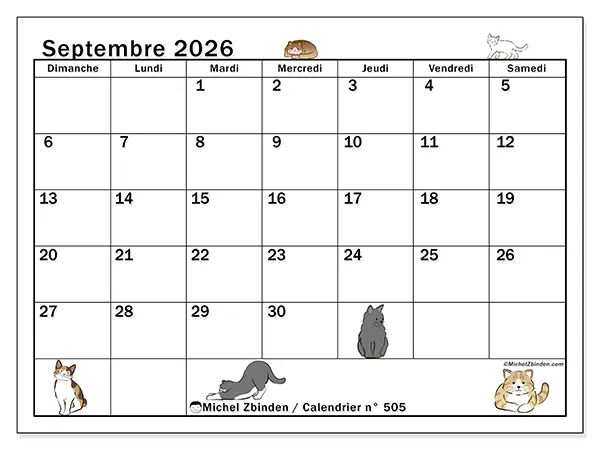 Calendrier septembre 2026 à imprimer - Vie de chat - Semaine : dimanche à samedi