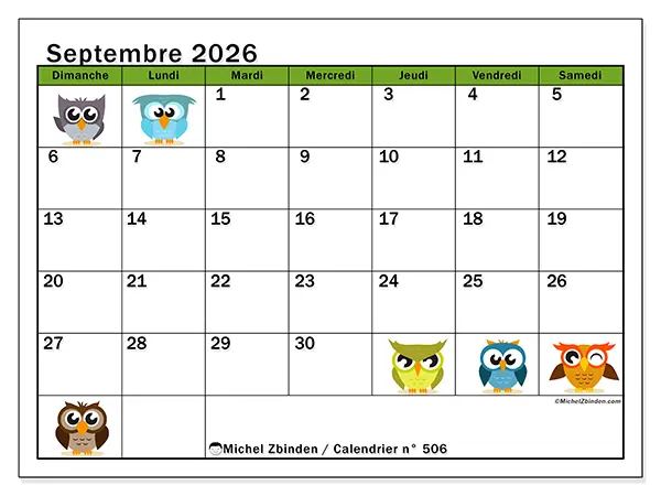 Calendrier septembre 2026 à imprimer - Hiboux amusants - Semaine : dimanche à samedi