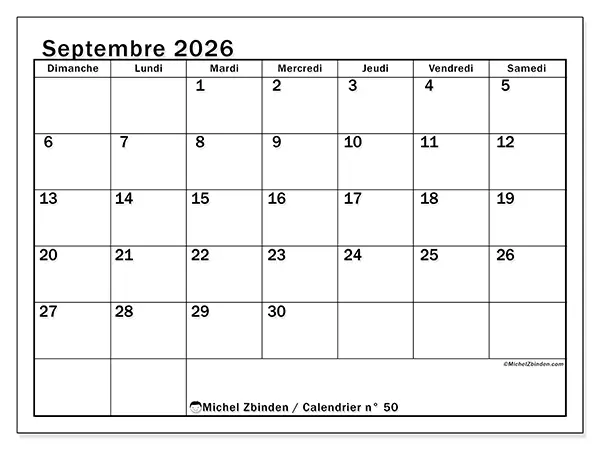 Calendrier septembre 2026 à imprimer - Planification optimale - Semaine : dimanche à samedi