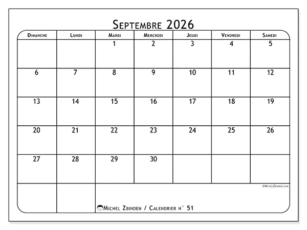 Calendrier septembre 2026 à imprimer - Programme des repas - Semaine : dimanche à samedi
