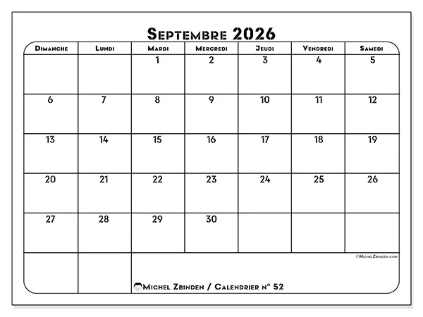Calendrier septembre 2026 à imprimer - Organisation professionnelle - Semaine : dimanche à samedi