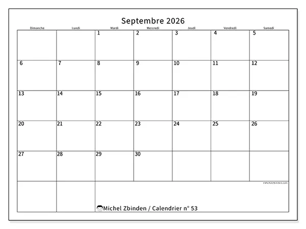 Calendrier septembre 2026 à imprimer - Horaire efficace - Semaine : dimanche à samedi